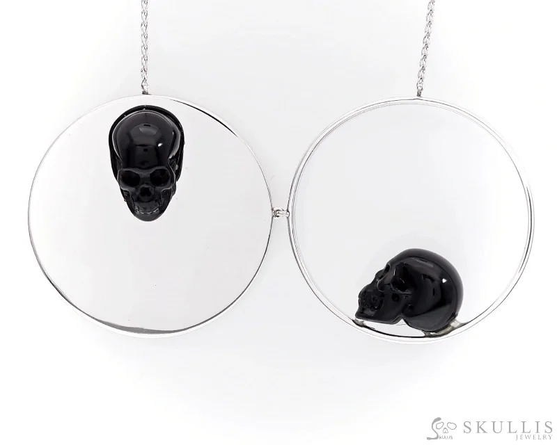 Wedding Ring with Matching Bands-Designer Long Chain Necklace-Gem Skull Pendant Necklace of Black Obsidian Carved Skull in 925 Sterling Silver