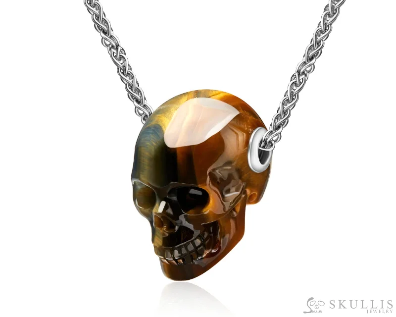 Engagement Ring with Pear Cut Diamond-Simple Chain Necklace Set-Skullis Signature Blue & Gold Tiger's Eye Gem Skull Pendant or Necklace, Hand Carved, Sterling Silver 925 Chain, for Women & Men