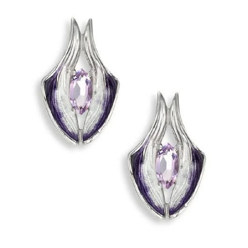 Oversized Stud Earrings for Women-Silver & Enamel Marquise Cut Purple Amethyst Stud Earrings