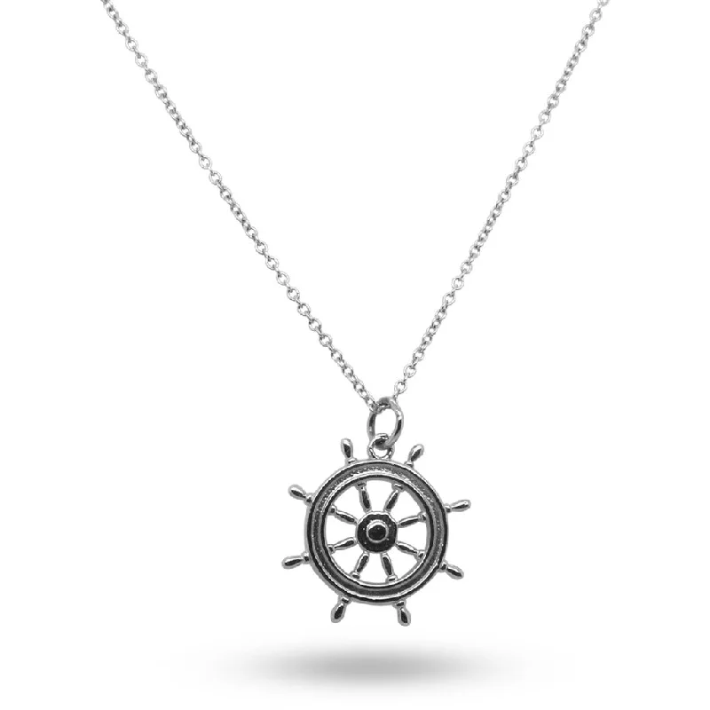 Bezel Set Engagement Ring-Layered Pendant Necklace-14k White Gold Ships Wheel Necklace