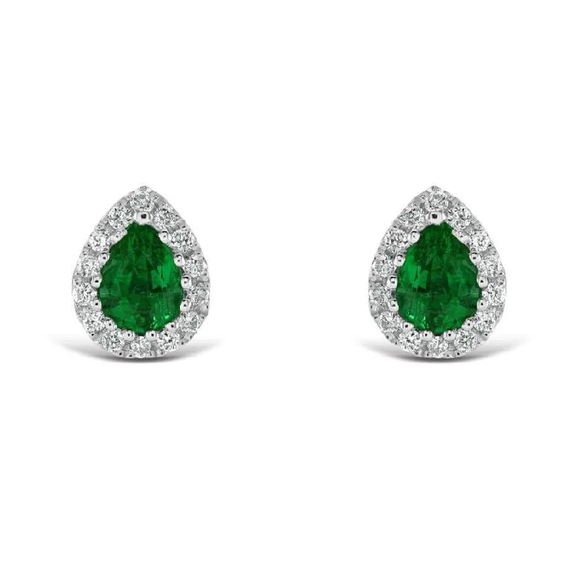 Double Crystal Earrings-18ct White Gold Pear Cut Emerald & Diamond Cluster Stud Earrings