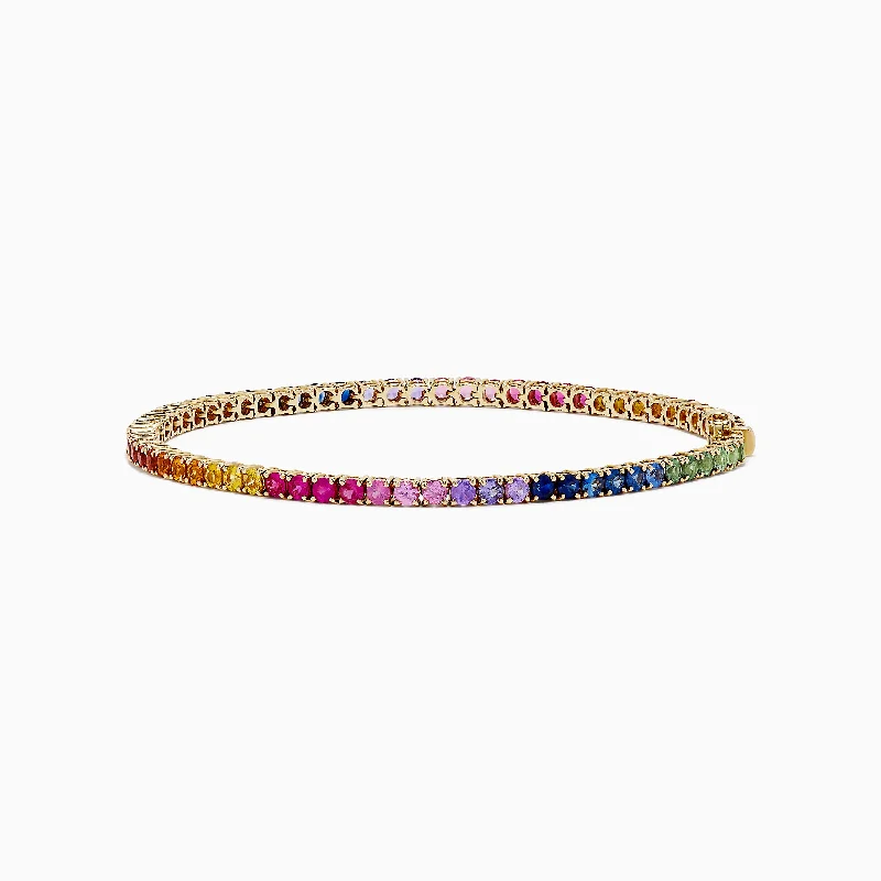 Colorful Beaded Bracelets-Watercolors 14K Yellow Gold Multi Sapphire Tennis Bracelet, 5.51 TCW