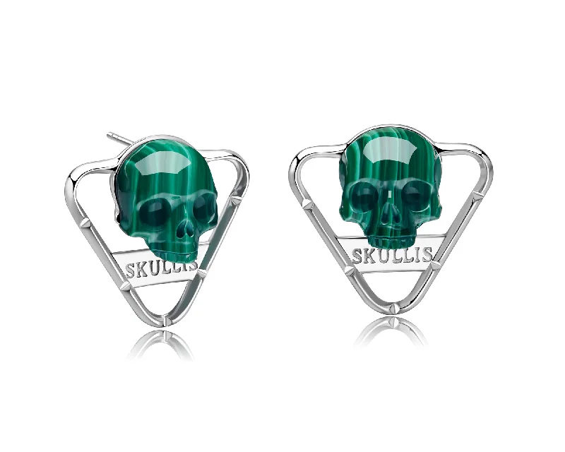 Vintage Drop Earrings-Skull Earrings of Malachite Carved Skull in 925 Sterling Silver