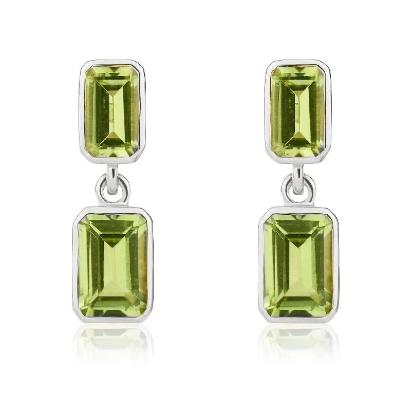 Silver Chain Earrings-9ct White Gold Octagonal Peridot Double Stone Rubover Drop Earrings