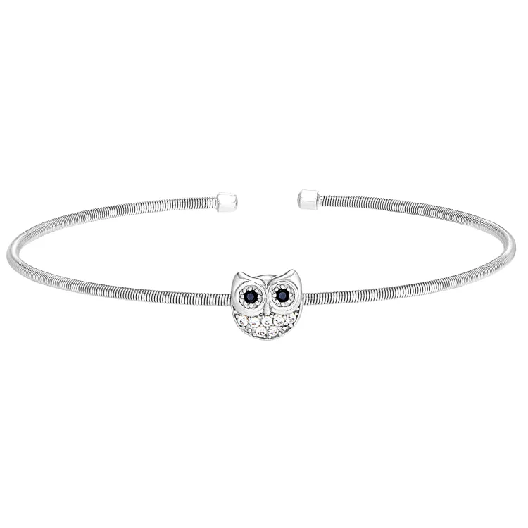 Men's Leather Cuff Bracelets-Rhodium Finish Sterling Silver Cable Cuff Owl Bracelet with Simulated Diamonds