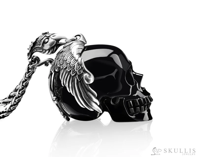 Customizable Engagement Ring for Women-Beaded Pendant for Women-Gem Skull Pendant Necklace of Black Obsidian Carved Skull with Phoenix in 925 Sterling Silver