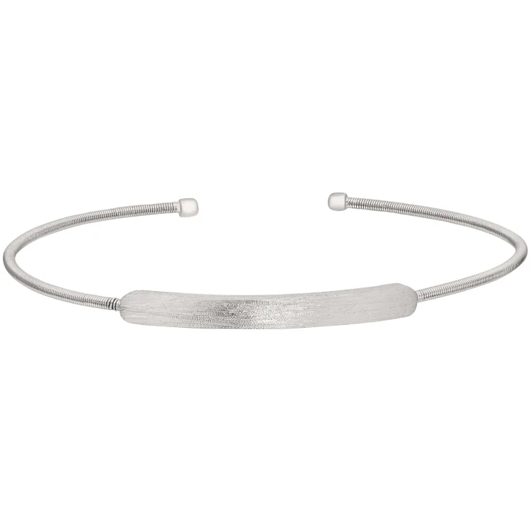 Platinum Bracelets-Rhodium Finish Sterling Silver Cable Cuff Bracelet with Name Plate