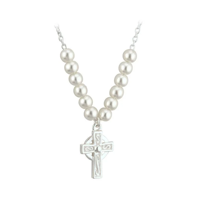 Personalized Engagement Ring with Stones-Silver Cross Necklace for Women-Communion Pearl Cross Necklet