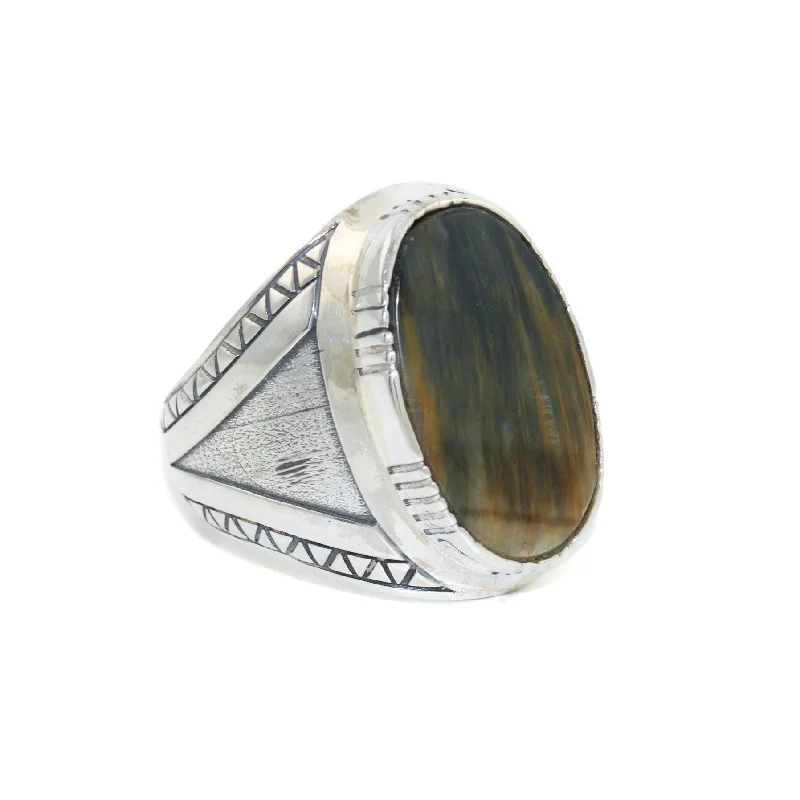 Custom Ring for AnniversaryGeometric "Lambda Λ" Ring x Blue Tiger's Eye by Kingdom