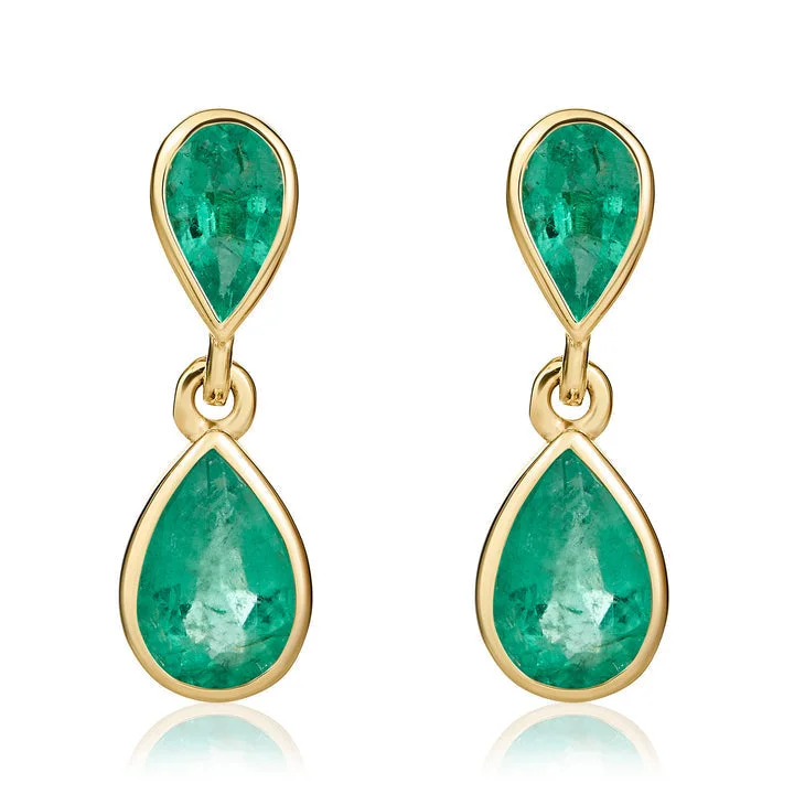 Double Layer Hoop Earrings-9ct yellow gold pear-shaped Emerald 2-stone rubover set drop earrings