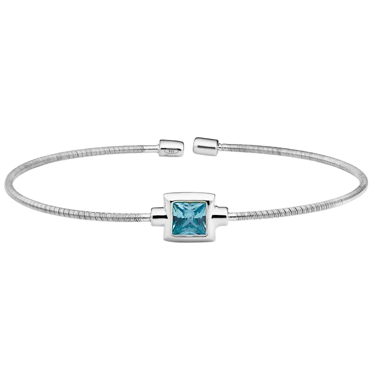 Bracelets For Teenagers-Rhodium Finish Sterling Silver Cable Cuff Bracelet with Princess Cut Simulated Aqua Marine Birth Gem