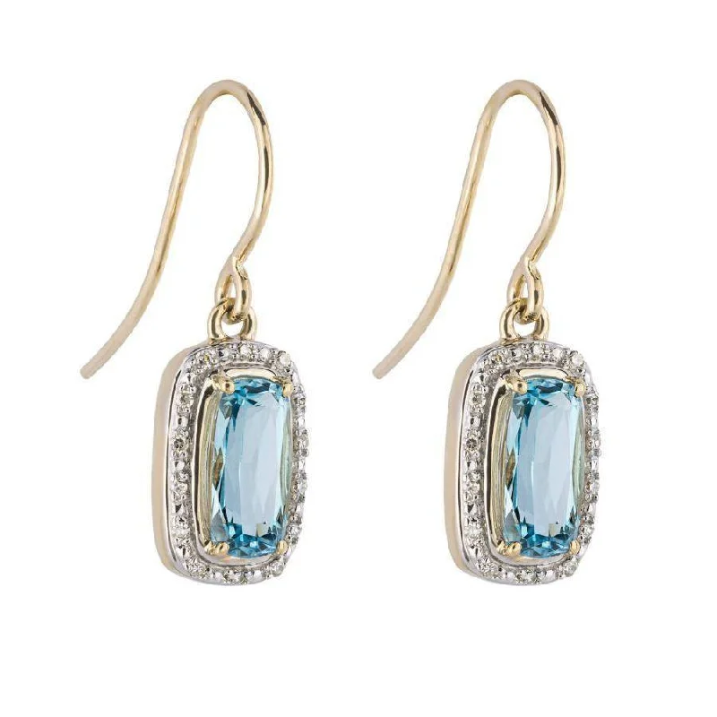 Large Designer Drop Earrings-9ct Yellow Gold Blue Topaz & Diamond Drop Earrings