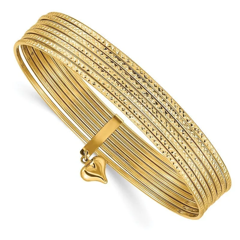 Intricate Gold Bangles-14K Oversized w/ Dangle Heart Set of 7 Slip-on Textured Bangles