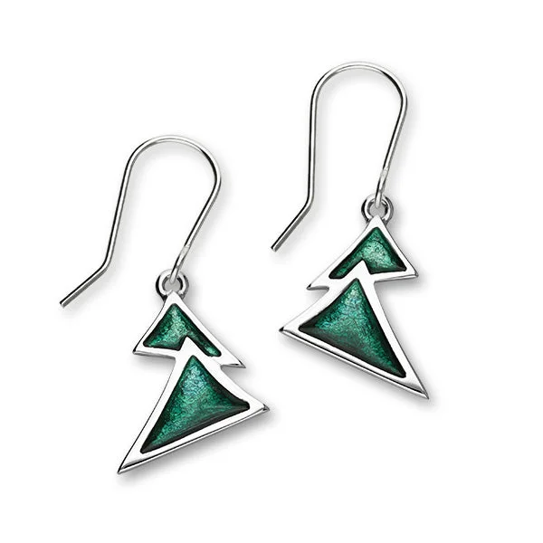 Unique Designer Earrings-Festive Sterling Silver Enamel Christmas Tree Drop Earrings, EE609