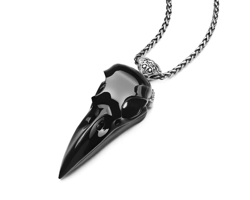 Elegant Sapphire Wedding Ring-Designer Custom Crystal Necklace-Gem Raven Skull Pendant Necklace of Black Obsidian Carved Raven Skull with Silver Sword Necklace