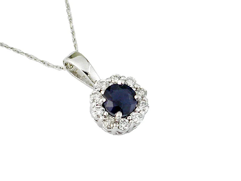 Custom Couples Ring-Adjustable Necklace-14K White Gold Round Sapphire with Round Diamond Halo Pendant Necklace