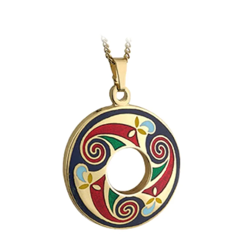 Unique Men's Wedding Band-Long Chain Pendant Necklace Set-Gold Plated Celtic Enamel Round Pendant