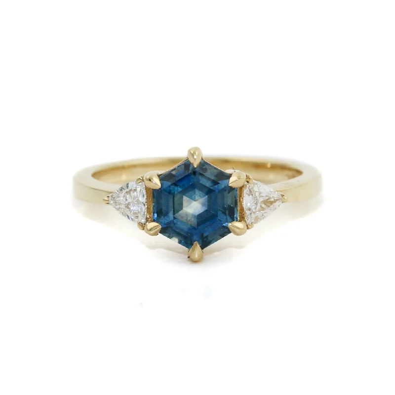 Personalized Wedding Ring with Message14k Gold  Hexagonal Montana Sapphire Isla Ring