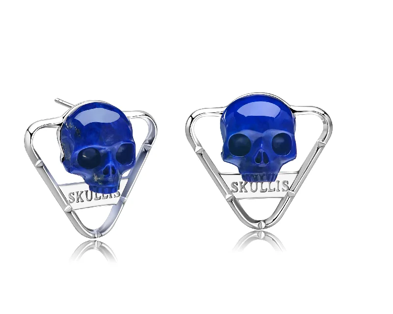 Abstract Earrings-Gem Skull Earrings of Lapis Lazuli Carved Skull in 925 Sterling Silver