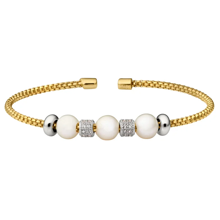 Charm Bracelets For Gift-Gold Finish Sterling Silver Rounded Box Link Cuff Bracelet with Simulated Pearls and Simulated Diamond Barrels