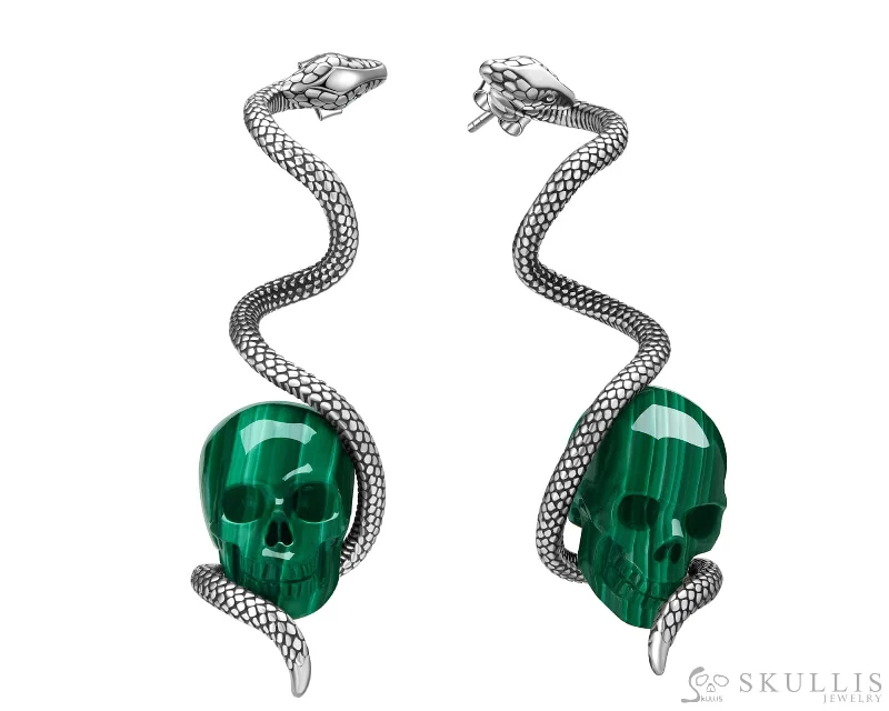 Pear Earrings-Gem Skull Earrings of Malachite Carved Skull with 925 Sterling Silver Snake