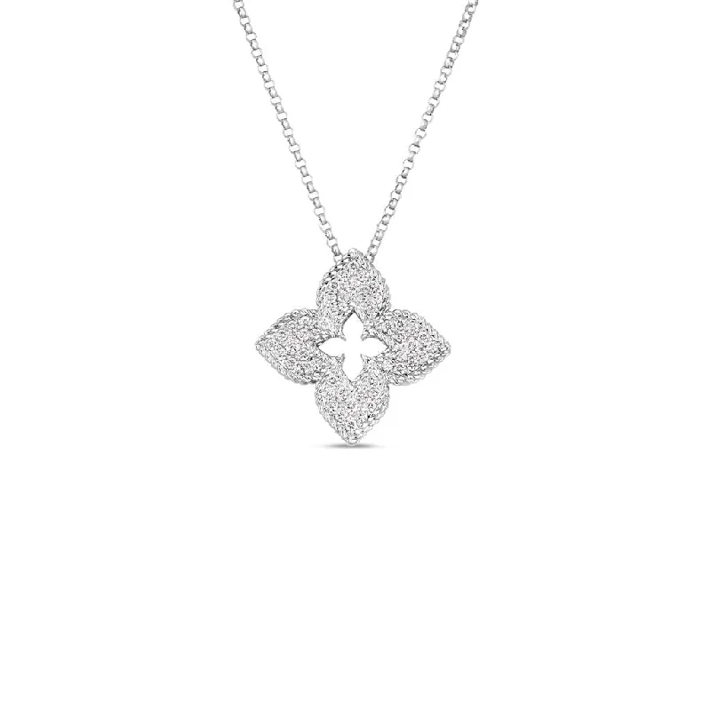 Gold and Diamond Stackable Rings-Beautiful Pendant Chain Necklace-Roberto Coin 18k White Gold Diamond Venetian Princess Medium Pave Flower Necklace