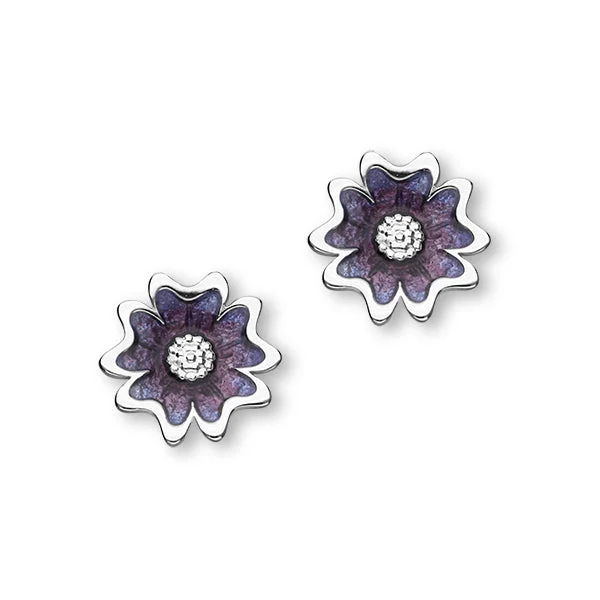 Statement Stud Earrings-Scottish Primrose Sterling Silver & Purple Enamel 12mm Stud Earrings, EE619