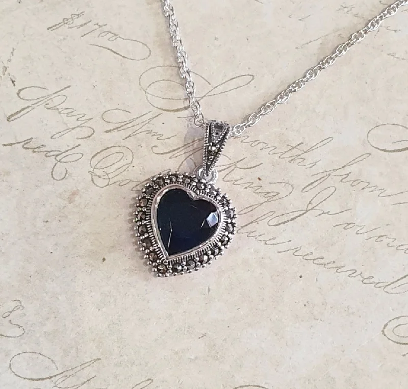 Custom Wedding Band Set-Designer Crystal Necklace Set-Sapphire Blue Heart Pendant Necklace Silver Marcasite