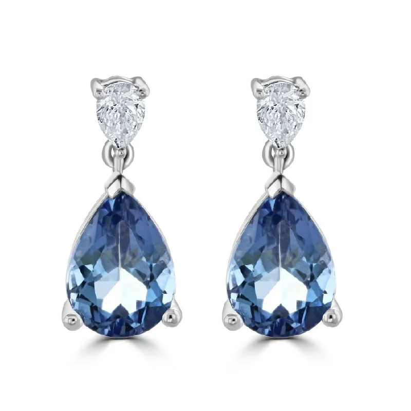 Pearl and Gemstone Earrings-Platinum Pear Cut Santa Maria Aquamarine & Diamond Drop Earrings