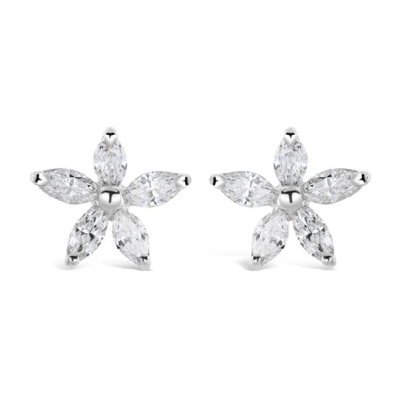 Soft Hoop Drop Earrings-18ct White Gold Marquise Cut Diamond Flower Stud Earrings