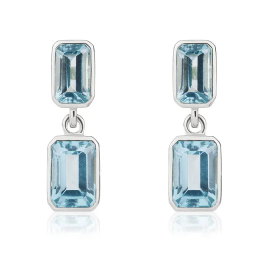 Freshwater Pearl Stud Earrings-9ct White Gold Octagonal Swiss Blue Topaz Double Stone Rubover Drop Earrings