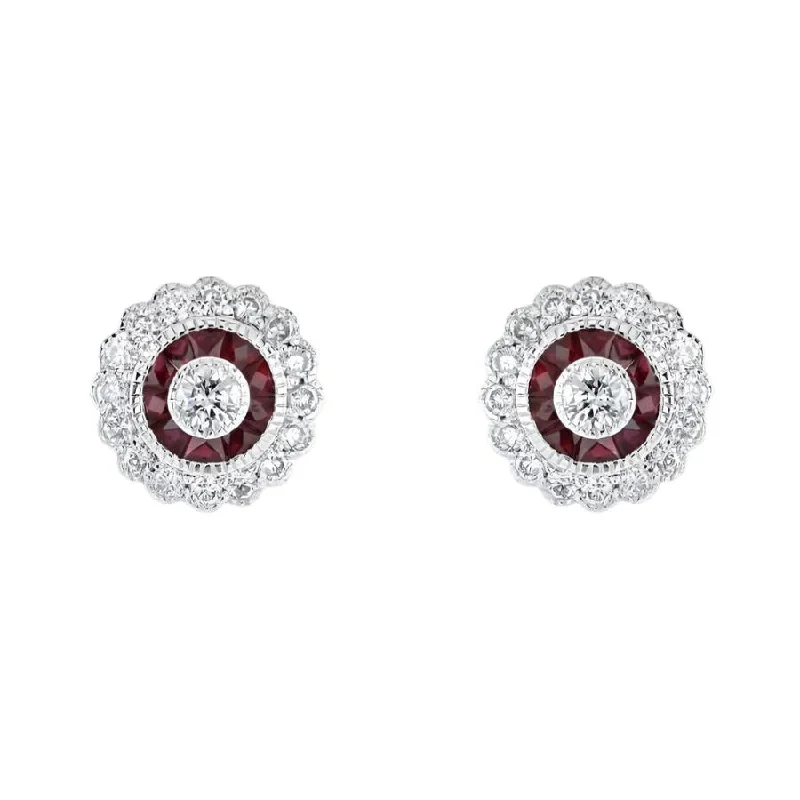 All-Metal Earrings-18ct White Gold Ruby & Diamond Cluster Stud Earrings