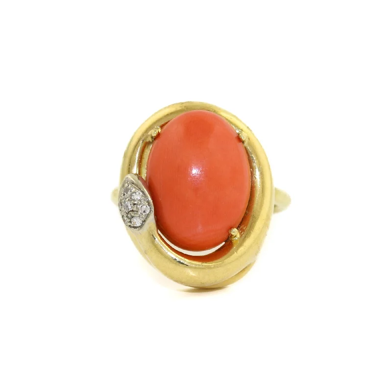 Custom Wedding Ring for Anniversary Gift18k x Oval Coral & Diamond Snake Cocktail Ring