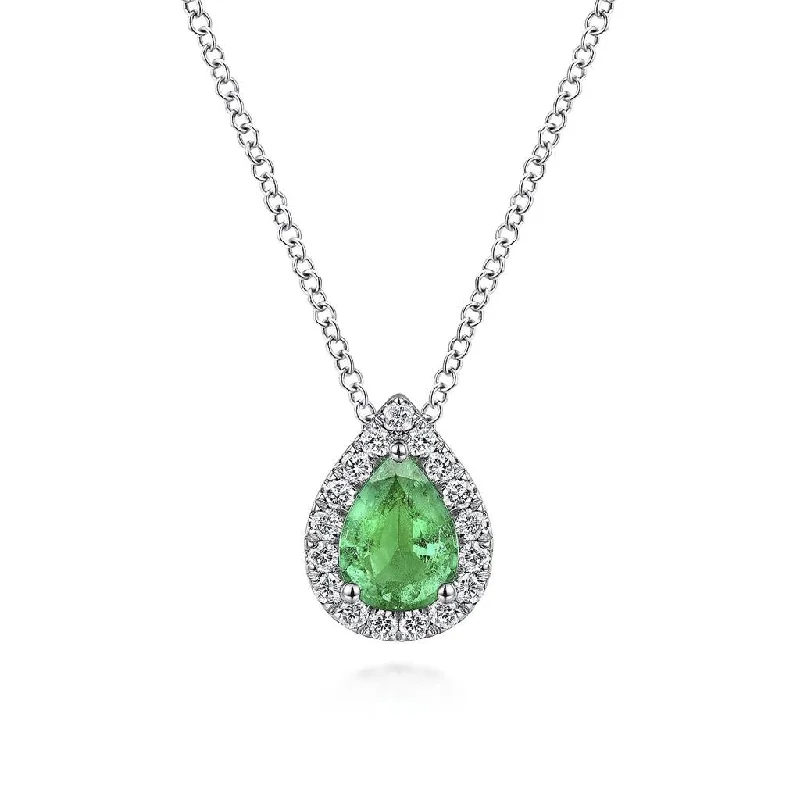 Elegant Solitaire Engagement Ring-Natural Stone Necklace-Gabriel & Co. 14k White Gold Pear Shaped Emerald and Diamond Halo Necklace