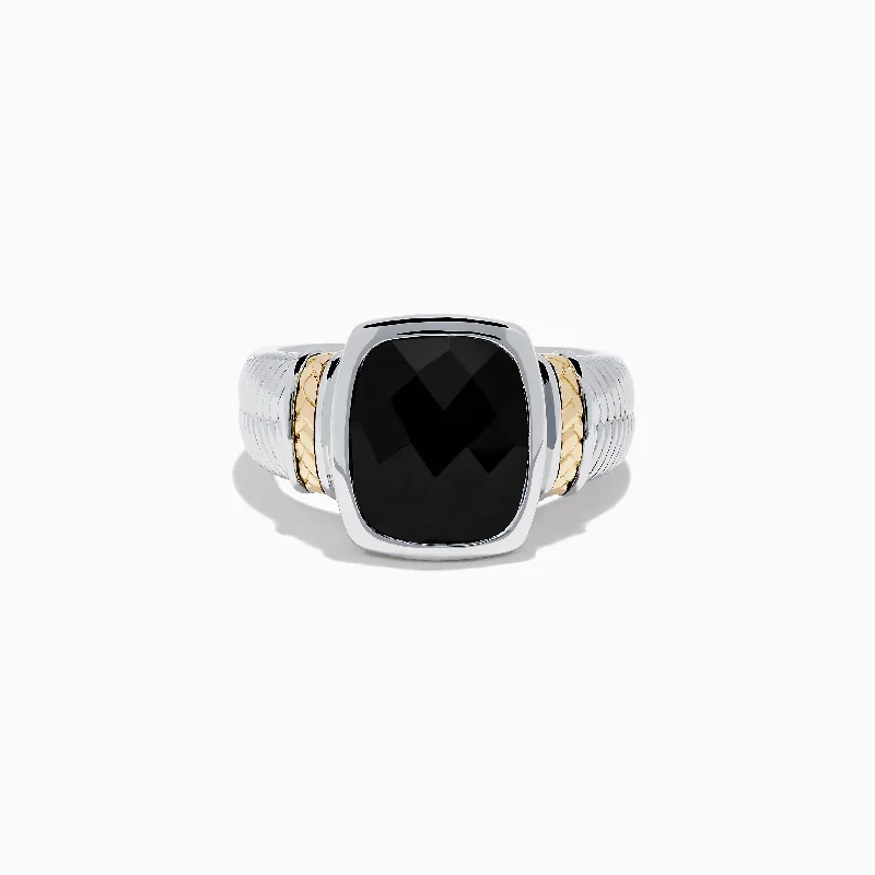 Engagement Ring with Heart-Shaped Diamond925 Sterling Silver and 14K Yellow Gold Onyx Ring