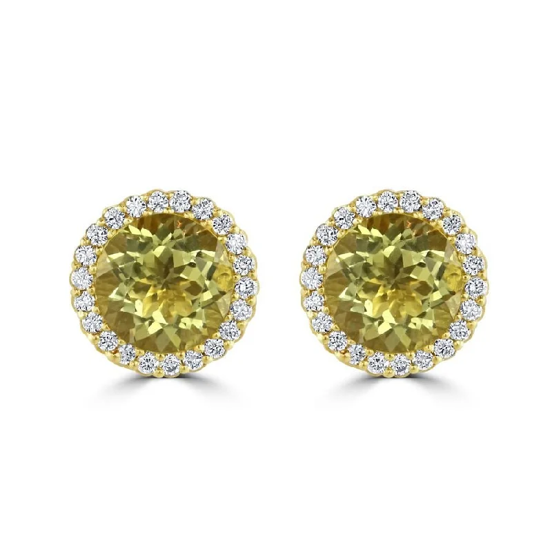 Contemporary Earrings-18ct Yellow Gold Round Lemon Quartz & Diamond Halo Cluster Stud Earrings