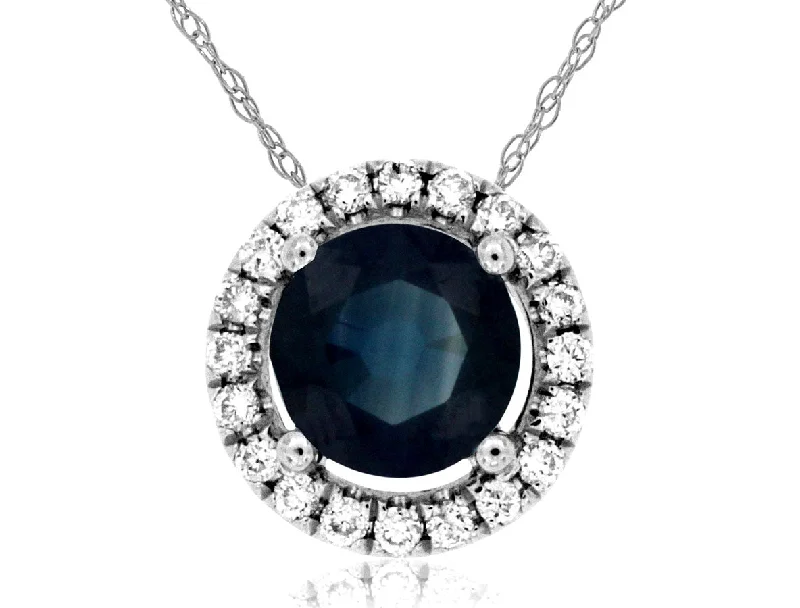 Gold Statement Ring-Necklace for Men-14K White Gold Round Sapphire Diamond Halo Pendant Necklace