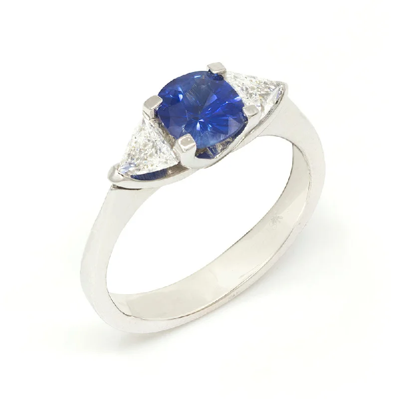 Sapphire Engagement Ring for HerThree Stone Engagement Ring with Sapphire and Triagonal side Diamonds