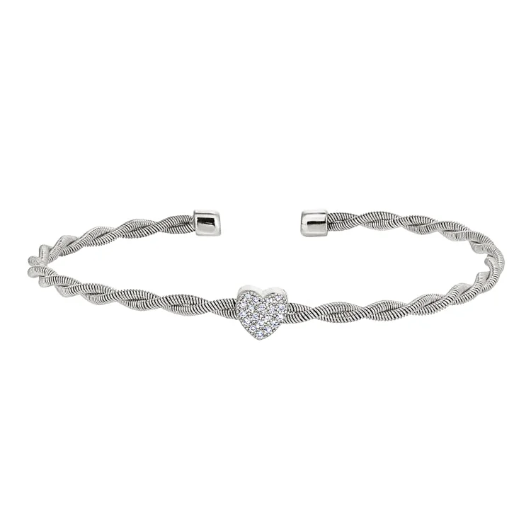 Bridal Silver Bracelets-Rhodium Finish Sterling Silver Thin Tightly Twisted Cable Cuff Bracelet with Heart with Simulated Diamonds