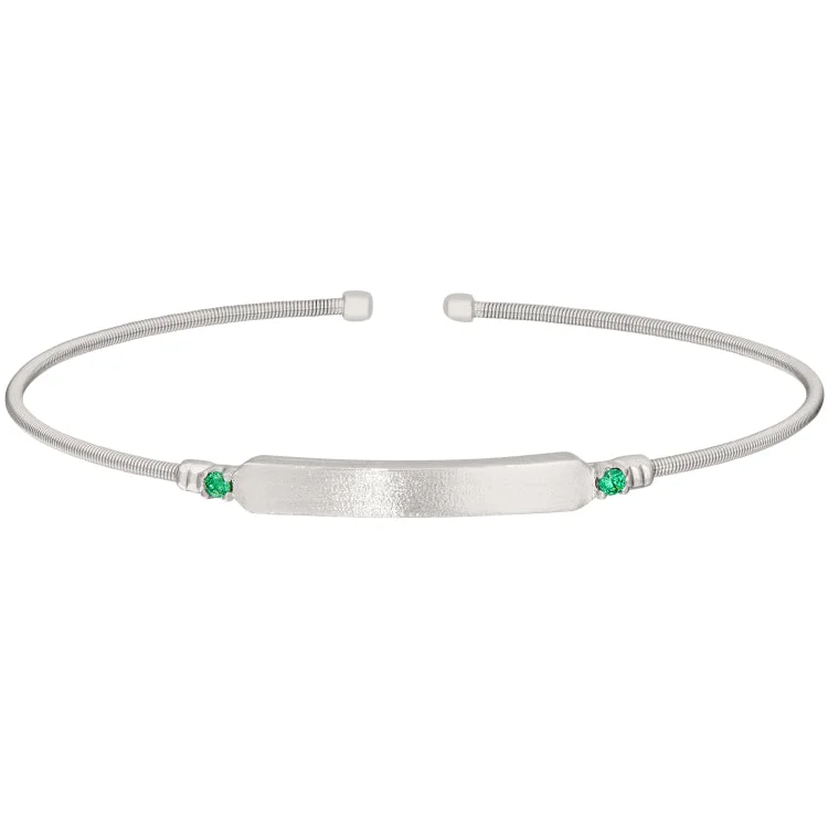 Diamond Tennis Bracelets-Rhodium Finish Sterling Silver Cable Cuff Bracelet with Name Plate and Simulated Emerald Birth Gems - May