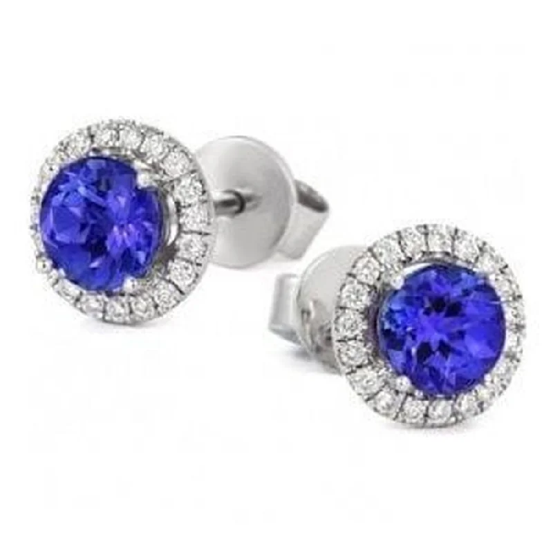 Sterling Silver Drop Earrings-18ct White Gold Round Tanzanite & Diamond Halo Cluster Earrings