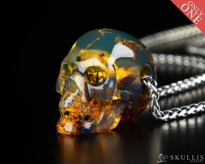 Black Diamond Engagement Ring for Men-Classic Cross Pendant Necklace-Gem Skull Pendant Necklace of Dominican Blue Amber Carved Skull - 0521943