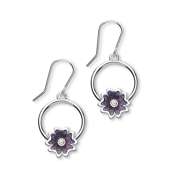 Long Sterling Silver Earrings-Scottish Primrose Sterling Silver & Purple Enamel Hoop Drop Earrings, EE622