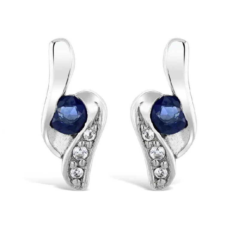 Polished Gold Earrings-Silver Sapphire & White Topaz Set Stud Earrings