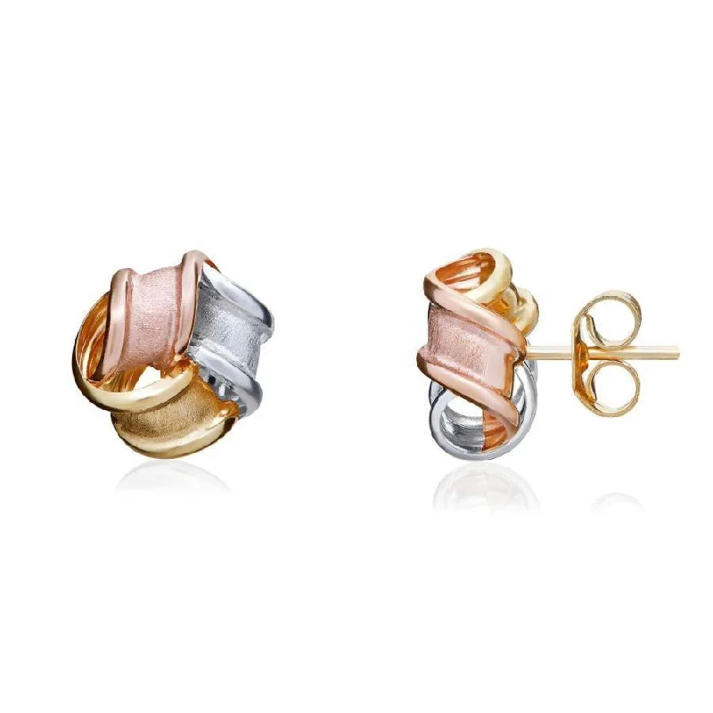 Oversized Crystal Earrings-9ct Yellow, White & Rose Gold Frosted Knot Stud Earrings