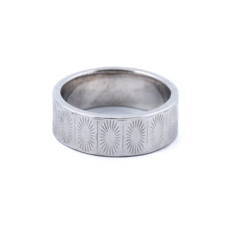 Designer Wedding Ring with EngravingSunburst X White Wedding Band