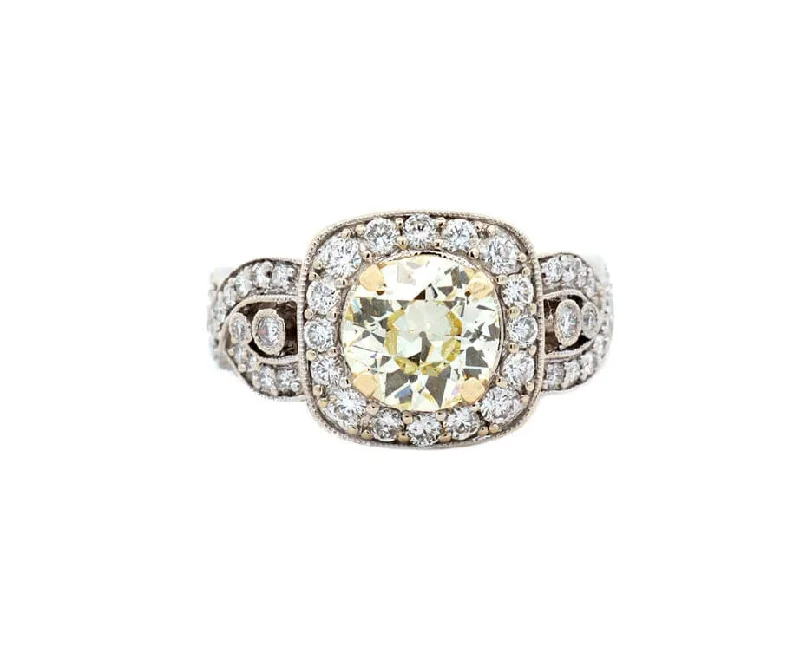 Vintage Engagement Ring for Her1.36ct Transition Cut Yellow Diamond & 0.65ctw Dia Vintage Engagement Ring 18K