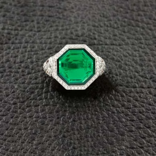 Designer Wedding Ring with EngravingOctagonal Emerald & Diamond Ring