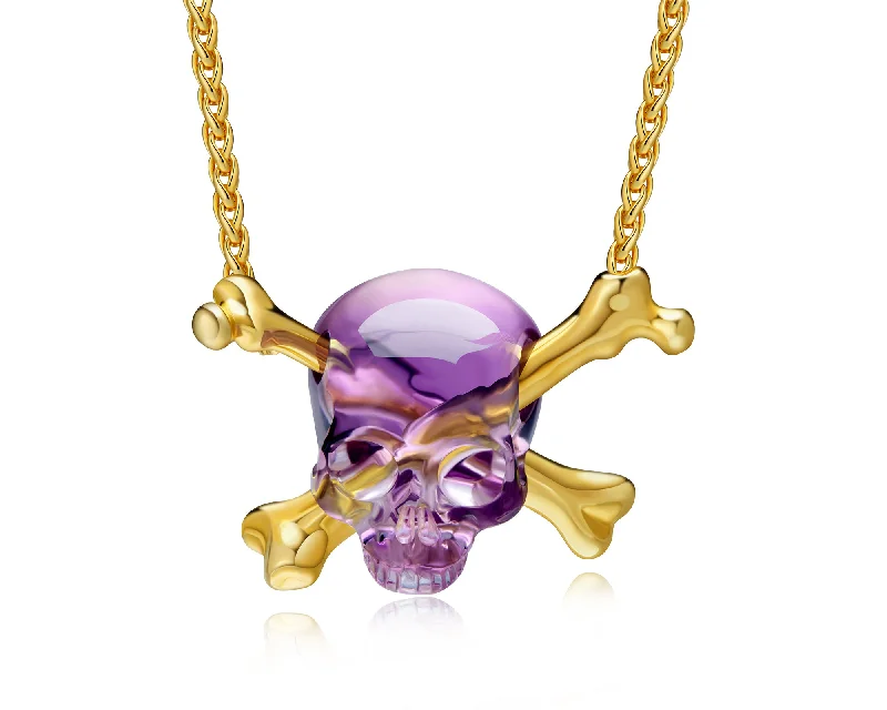 Personalized Vintage Engagement Ring-Designer Heart Necklace-Gem Skull Pendant Necklace of Amethyst Carved Skull with Crossbones in 18K Gold-Plated 925 Sterling Silver