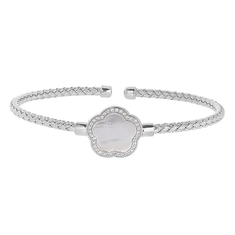 Silver Cuff Bracelets-Rhodium Finish Sterling Silver Basketweave Cable Cuff  Bracelet with a Flower Shaped MOP Stone and Simulated Diamonds